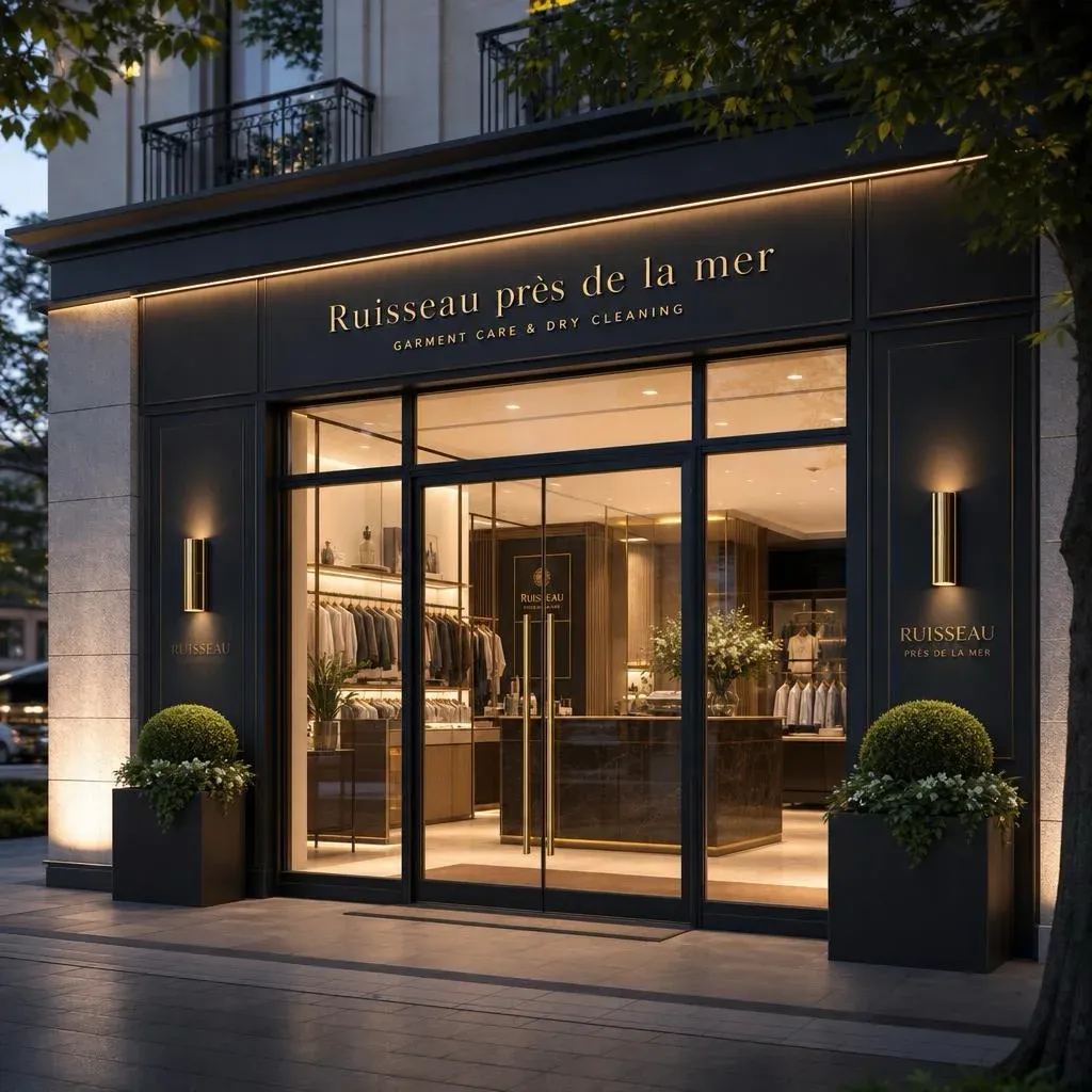The Ruisseau près de la mer garment care house interior, with illuminated display windows, warm wood accents, and carefully hung garments.