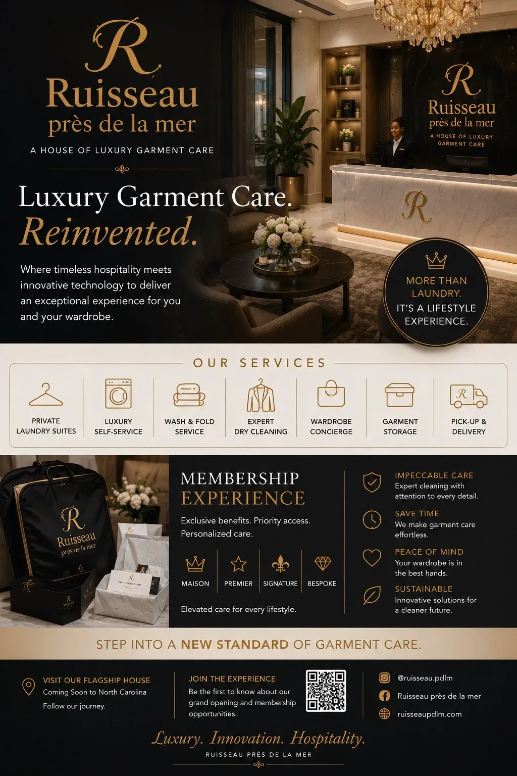 The Ruisseau près de la mer flagship showroom, showing its elegant interior design, premium service displays, and refined typography.